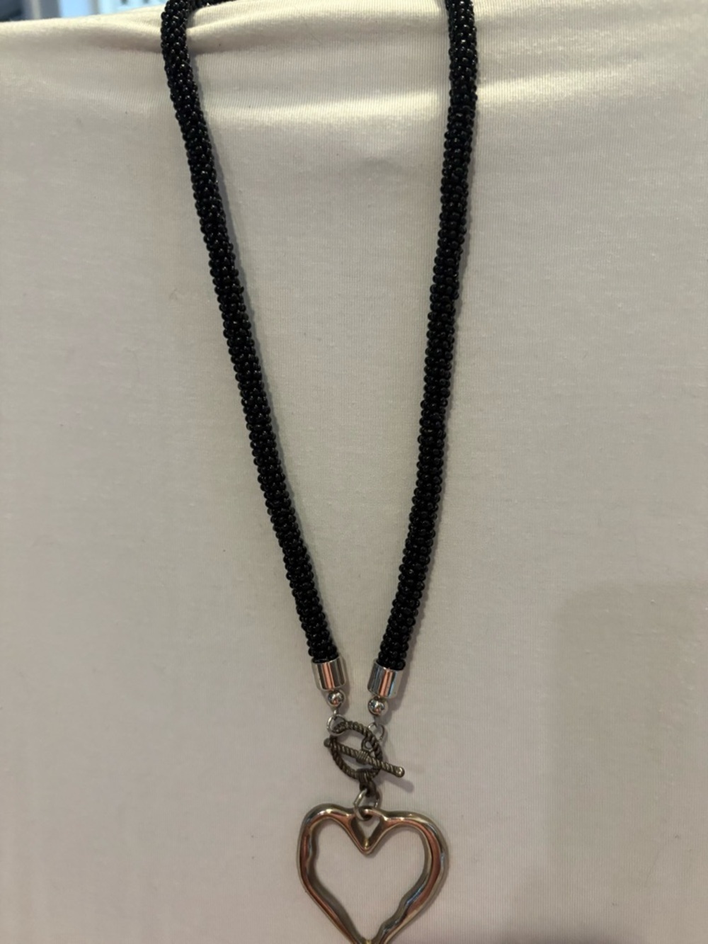Black Beaded Necklace with Silver Heart Pendant - Women Jewelry